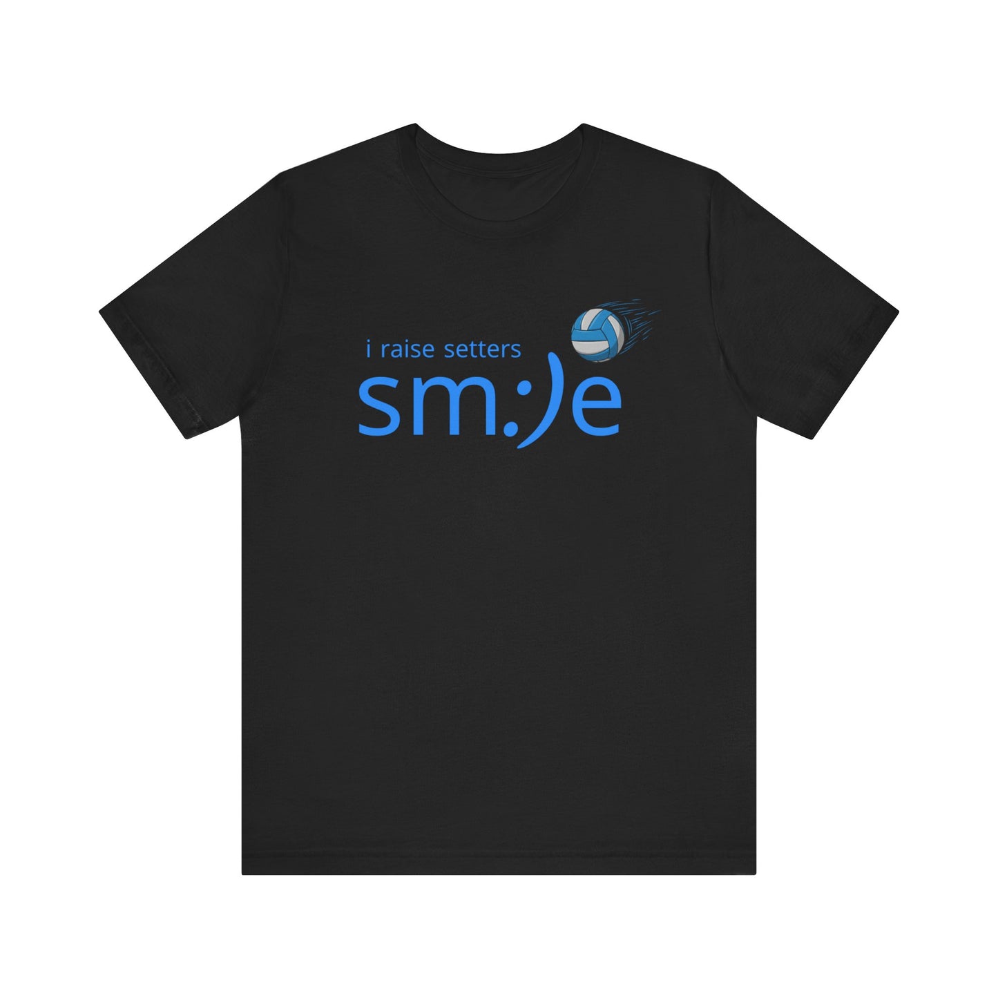 Black t-shirt with blue text and logo on a white background