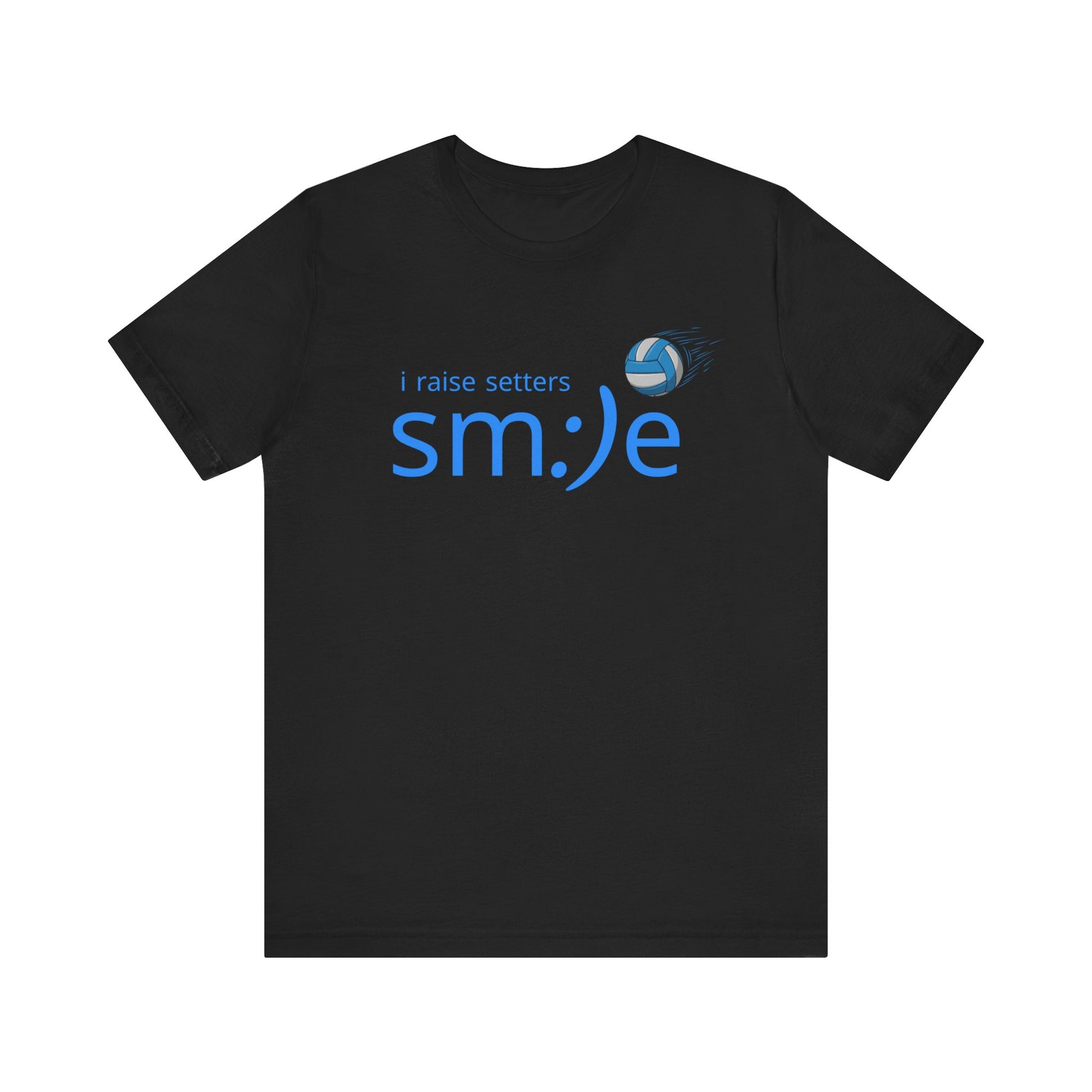 Black t-shirt with blue text and logo on a white background