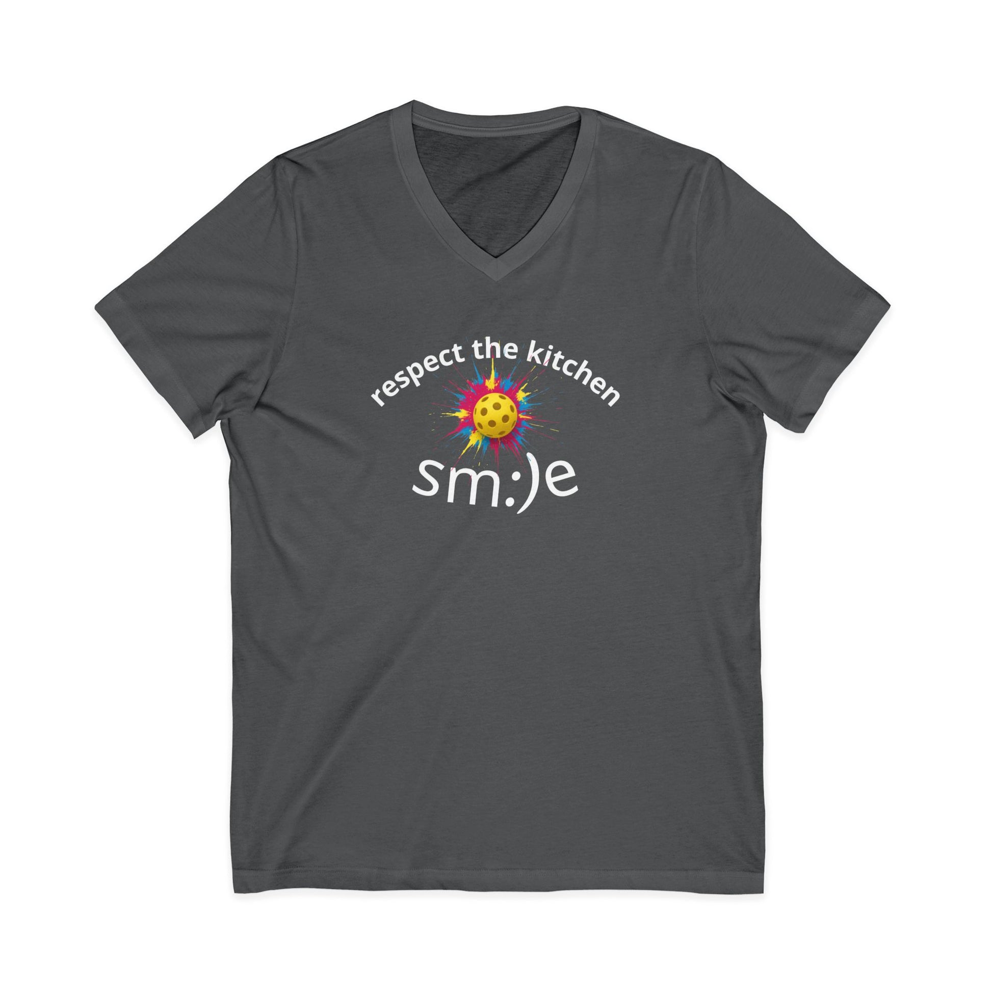 Gray t-shirt with 'respect the kitchen smile' text and smiley face design on a white background