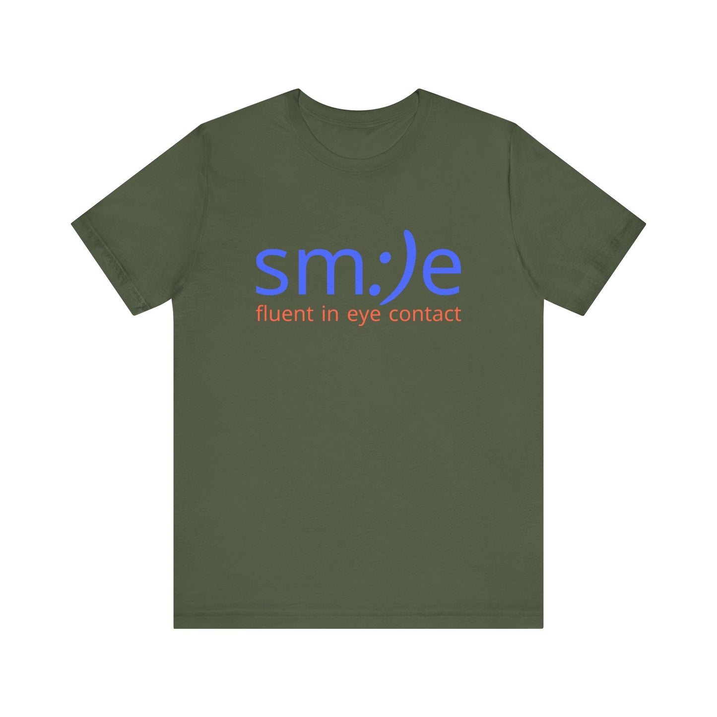 Green t-shirt with blue and red text on a white background