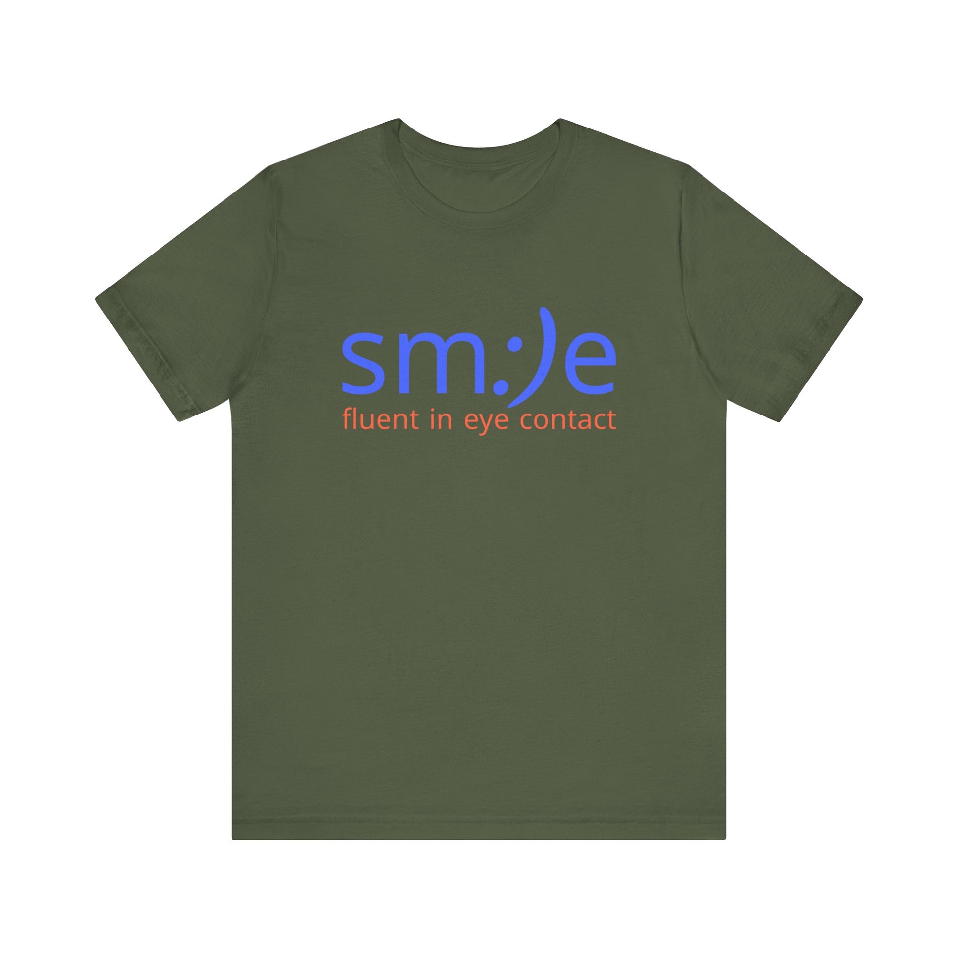 Green t-shirt with blue and red text on a white background