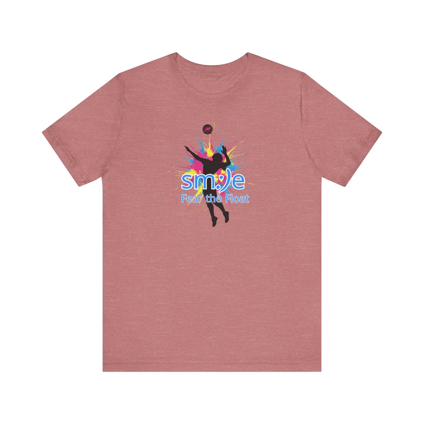 Red t-shirt with colorful graphic and text on a white background
