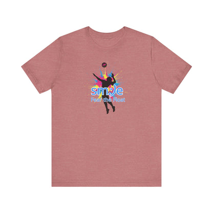 Red t-shirt with colorful graphic and text on a white background