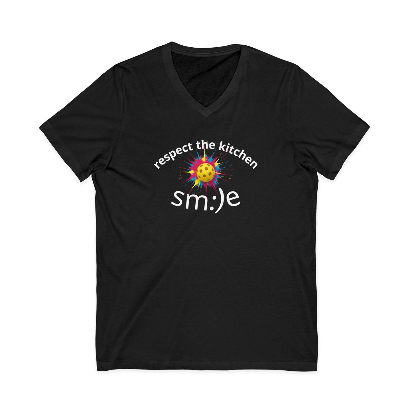 Black t-shirt with colorful graphic and text on a white background