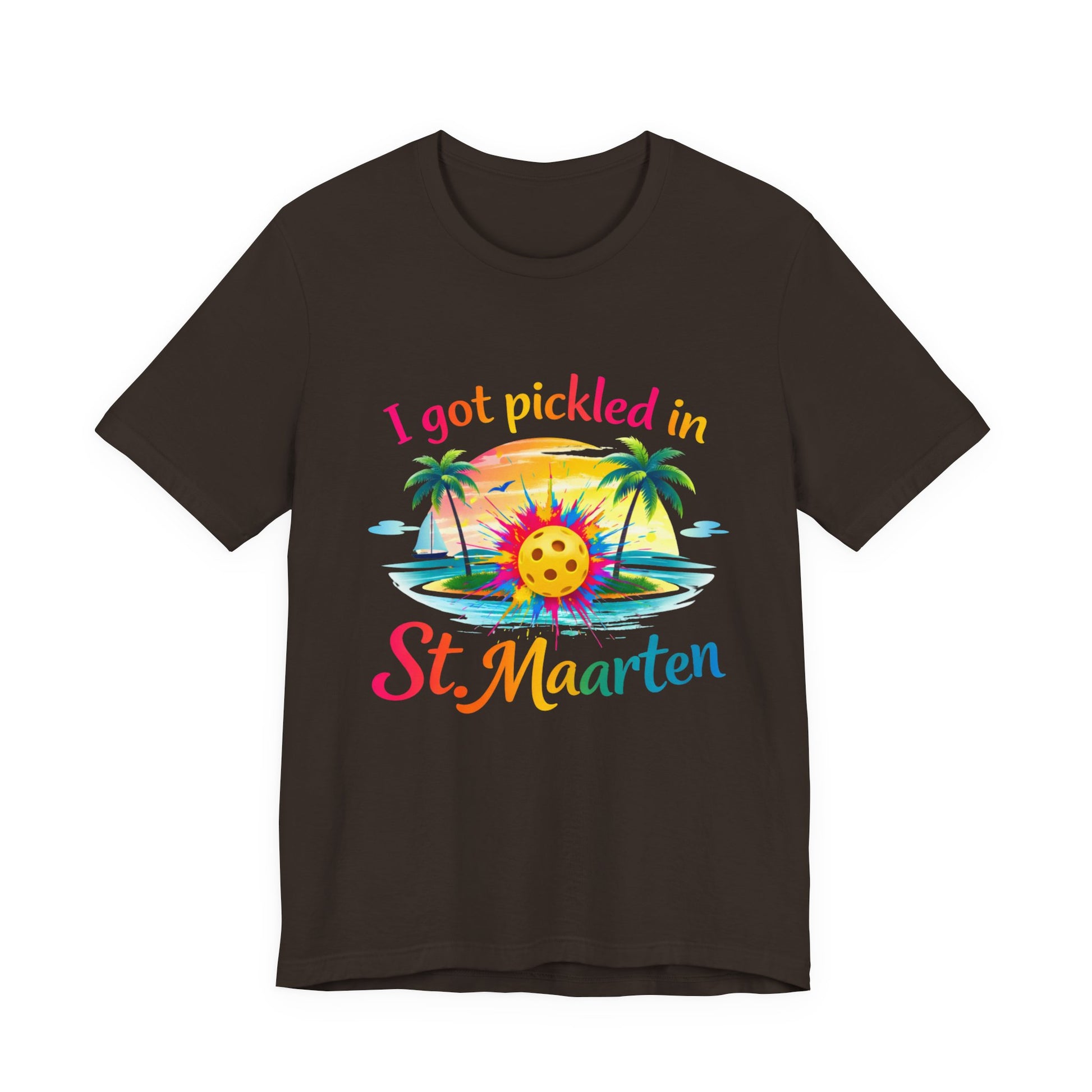 Black t-shirt with colorful graphic and text 'I got pickled in St Maarten' on a white background