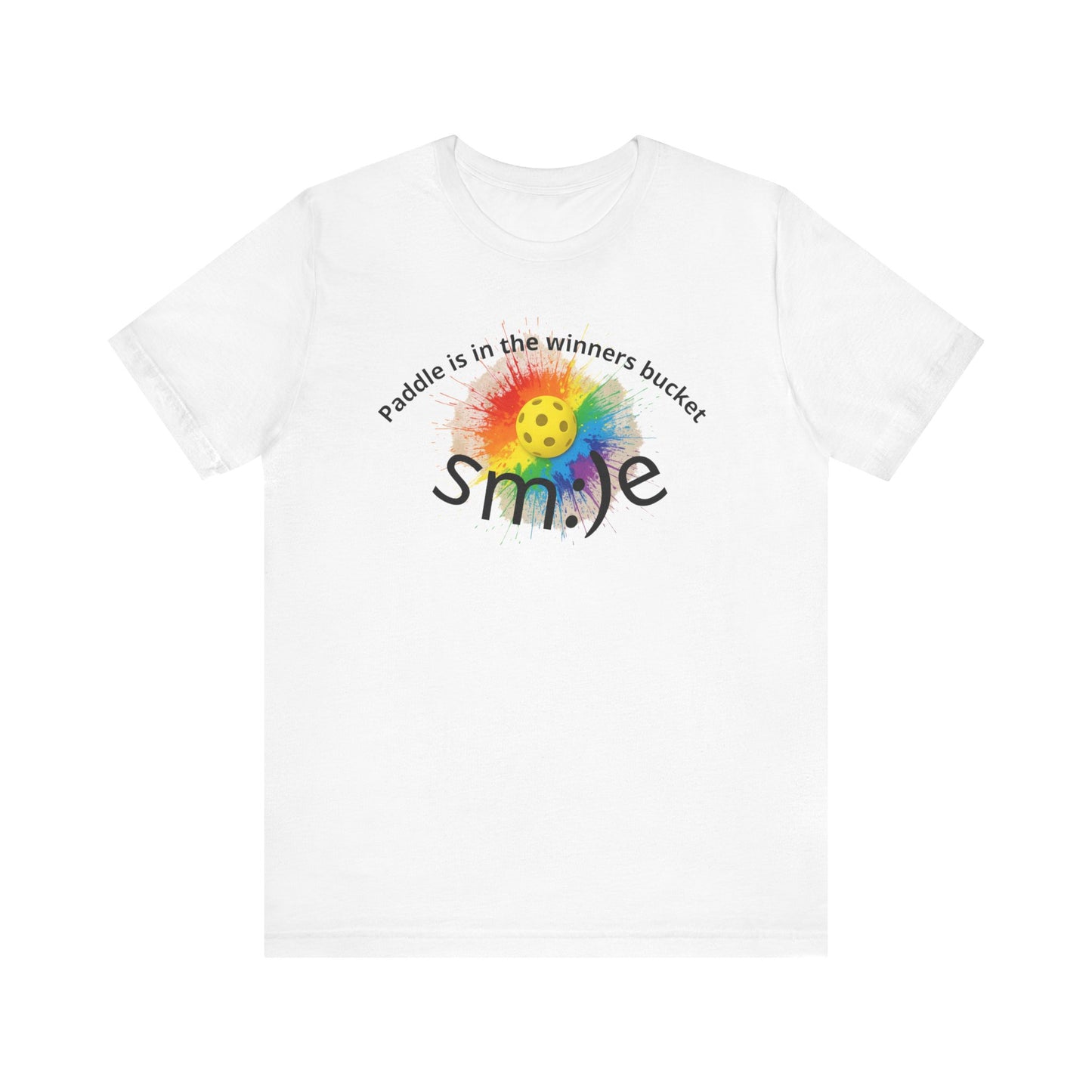 White t-shirt with colorful smiley face design and text on a white background