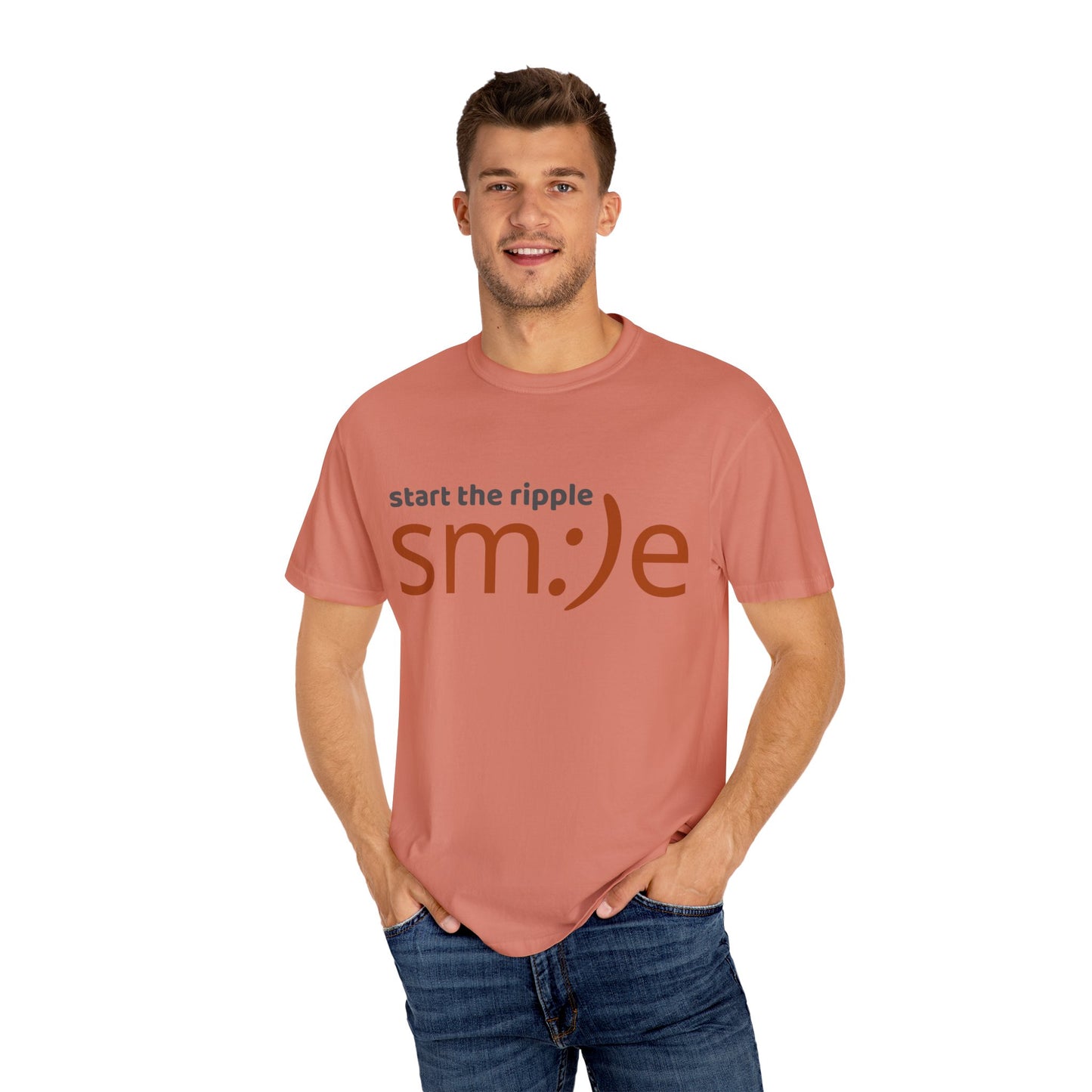 Man wearing a pink t-shirt with text on a white background