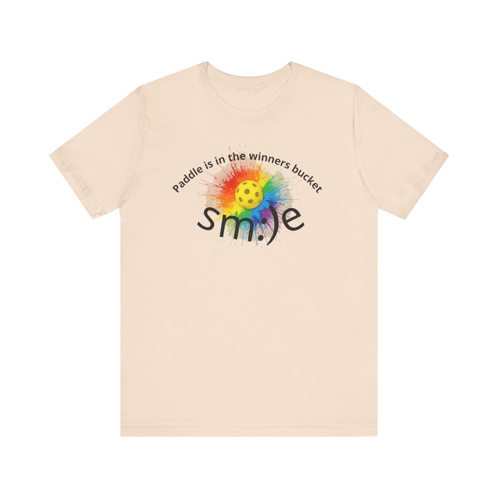 Beige t-shirt with colorful smiley face design and text on a white background